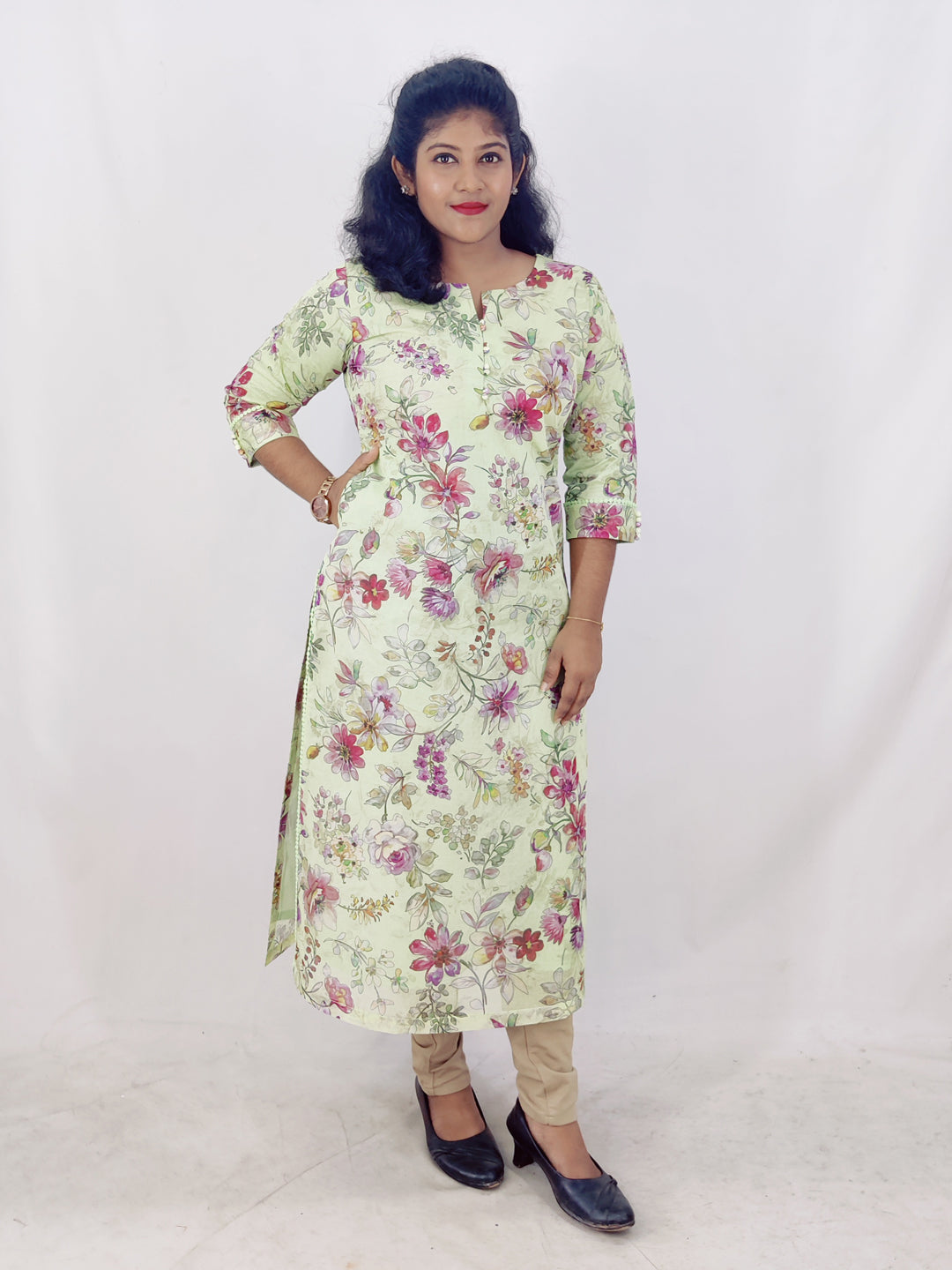 Cotton Organdi Floral Printed Straight Kurta