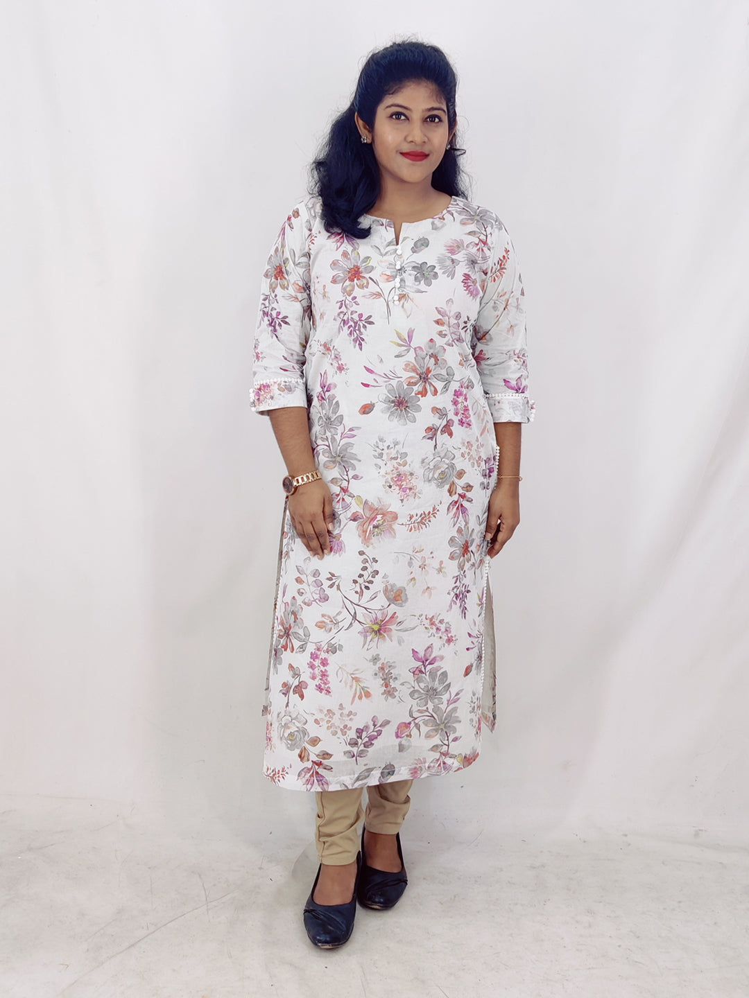 Cotton Organdi Floral Printed Straight Kurta