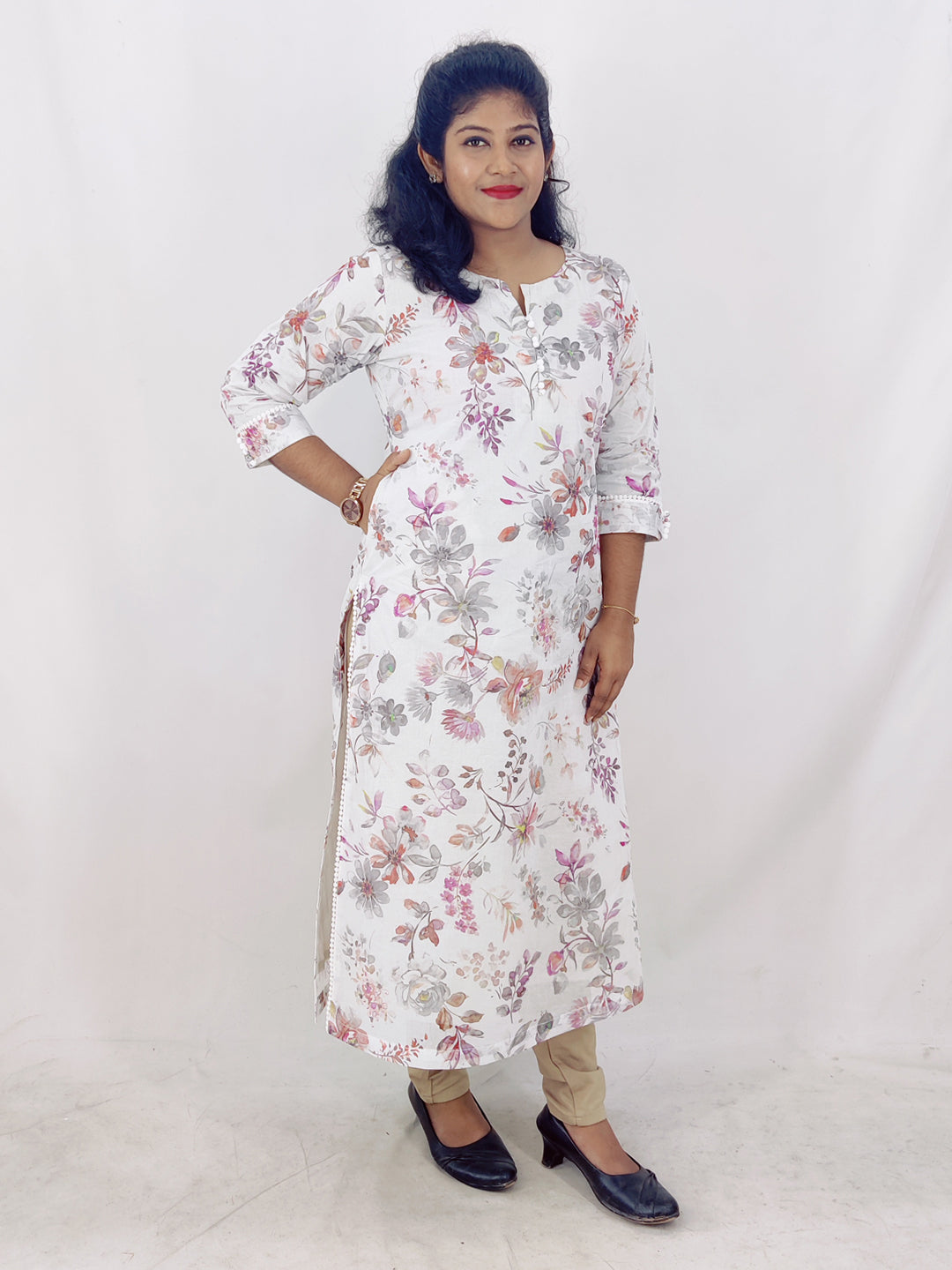 Cotton Organdi Floral Printed Straight Kurta