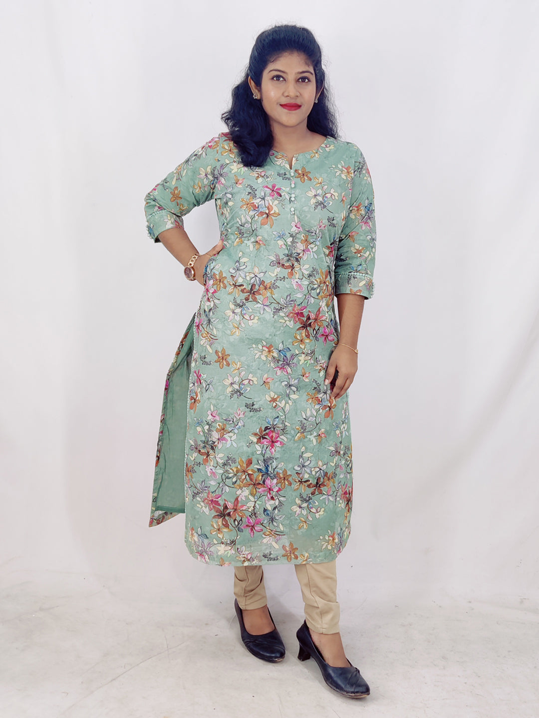 Cotton Organdi Floral Printed Straight Kurta