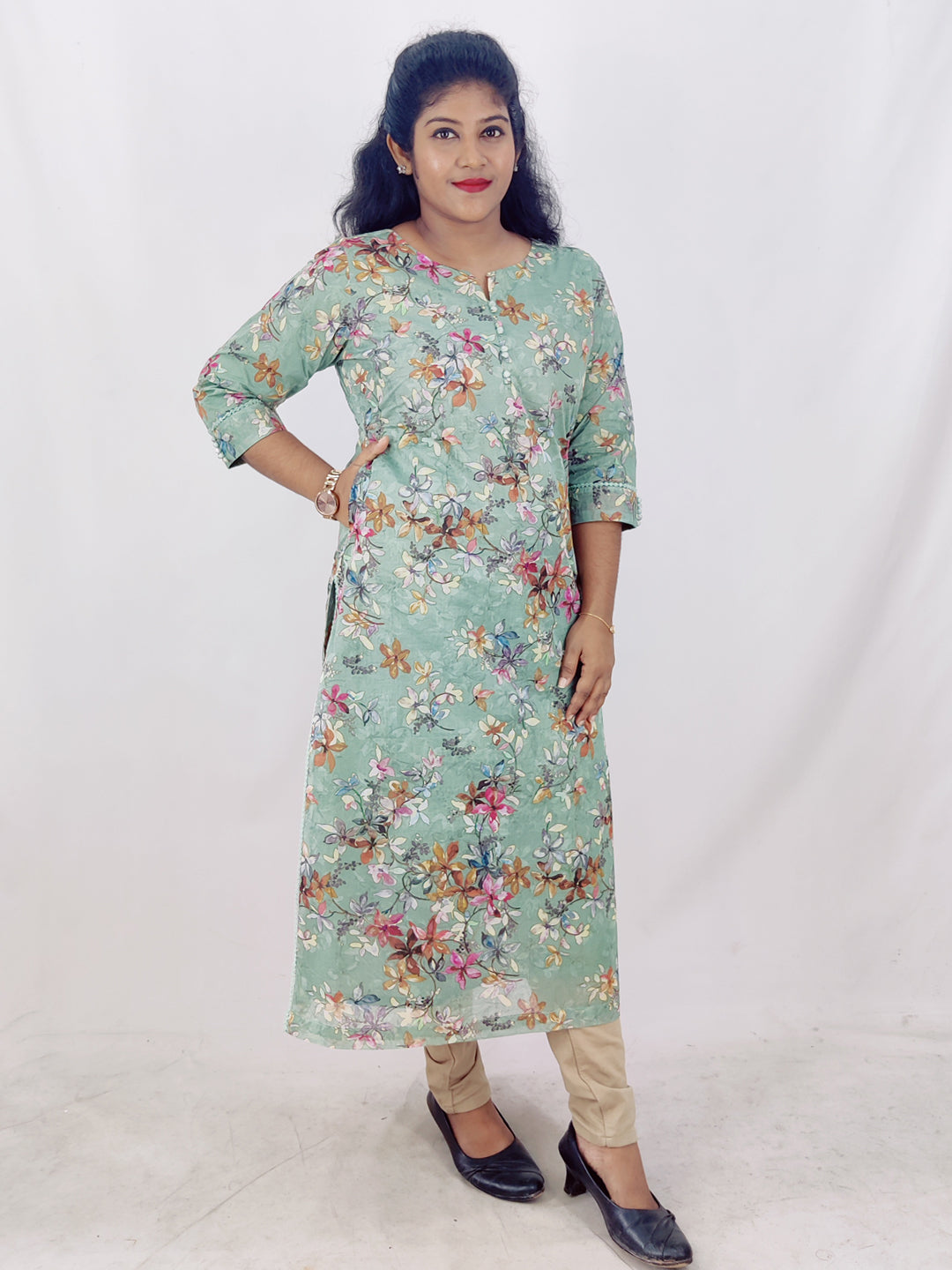 Cotton Organdi Floral Printed Straight Kurta
