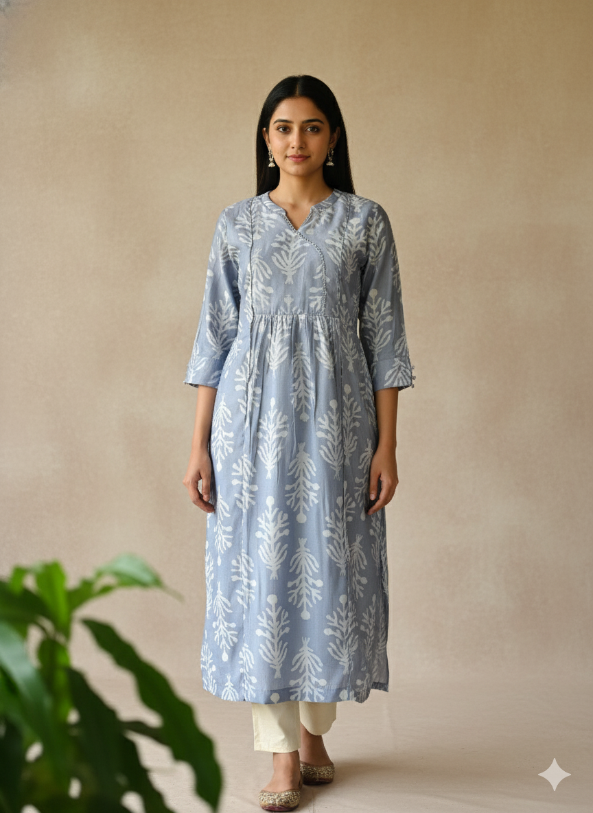 Chanderi Batic Print Slitted Kurta