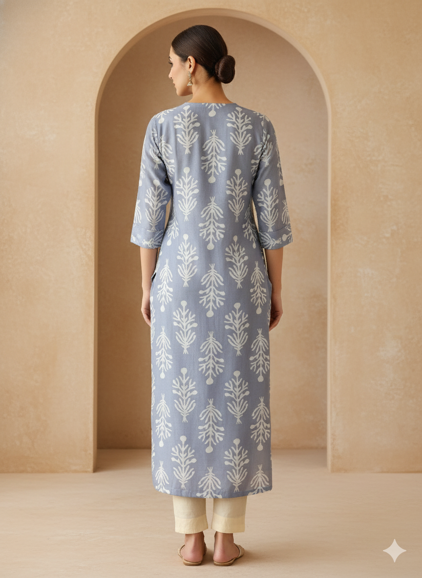 Chanderi Batic Print Slitted Kurta