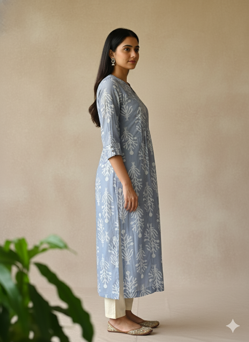 Chanderi Batic Print Slitted Kurta
