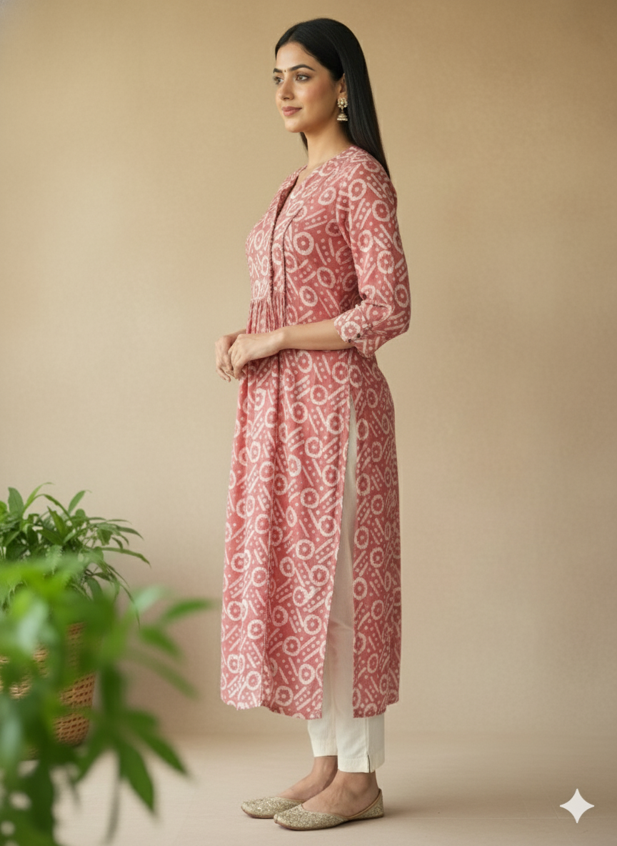 Chanderi Batic Print Slitted Kurta