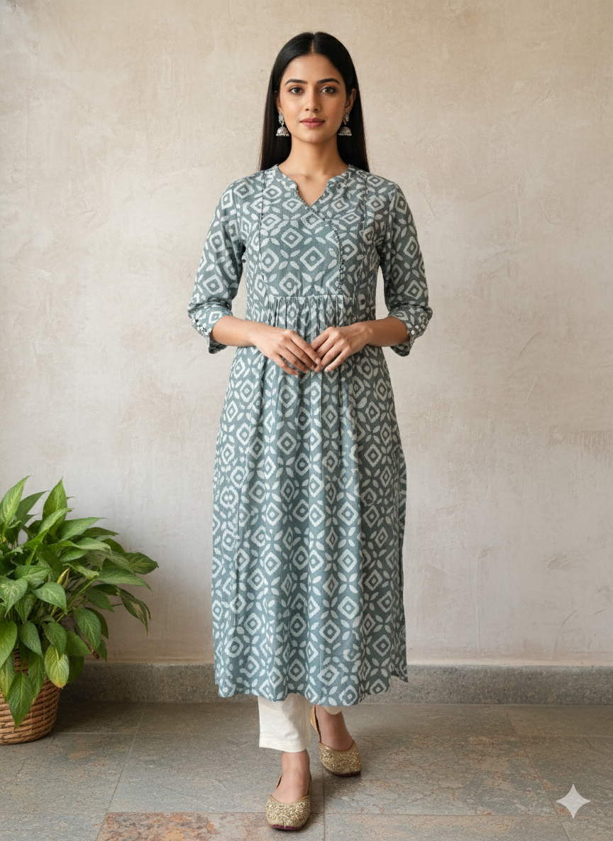 Chanderi Batic Print Slitted Kurta