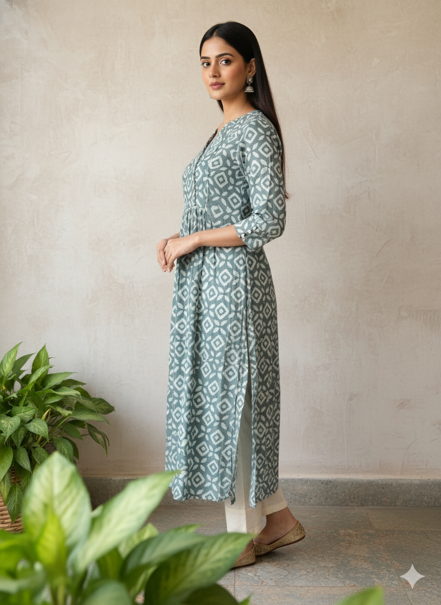 Chanderi Batic Print Slitted Kurta