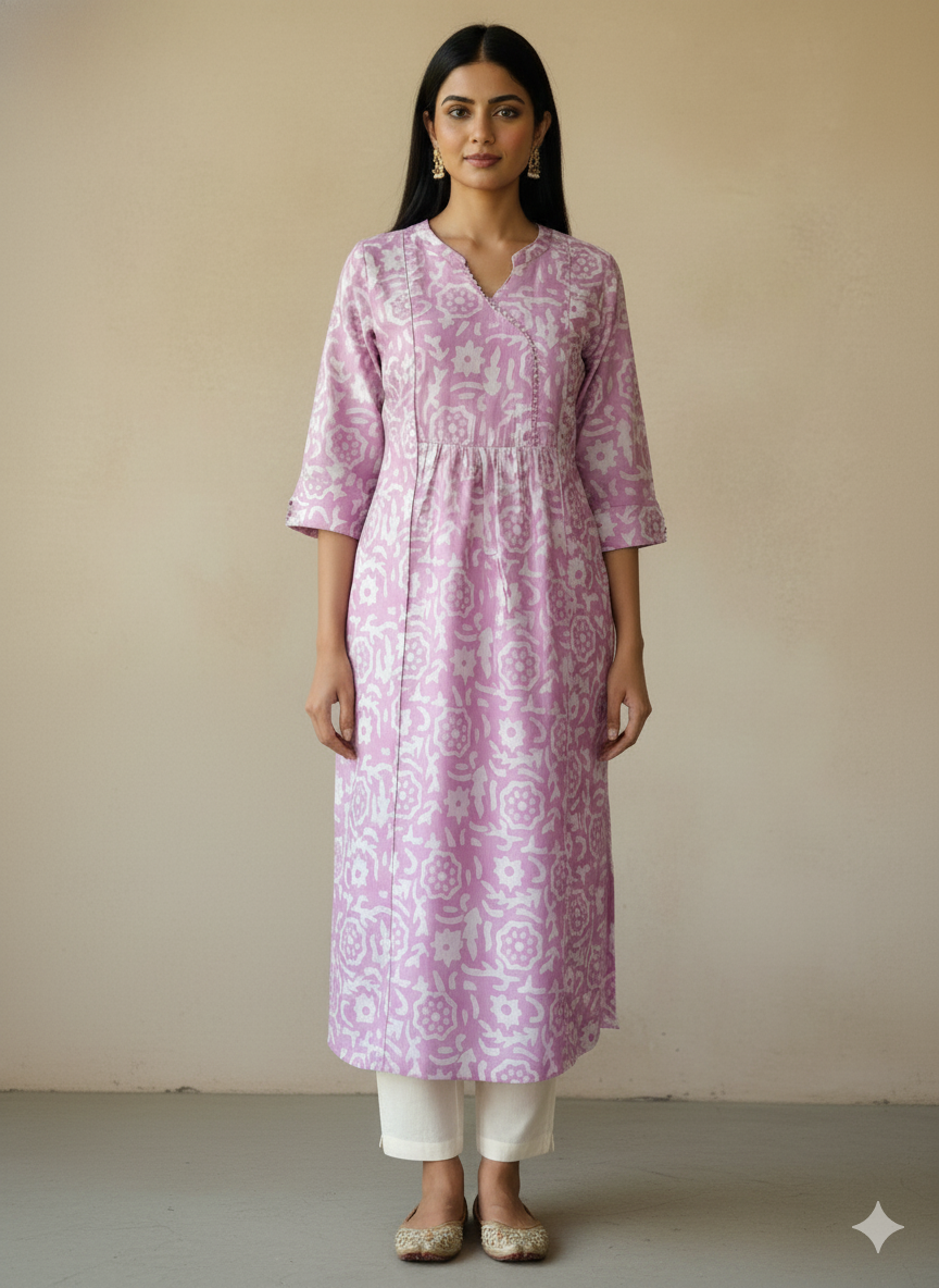 Chanderi Batic Print Slitted Kurta