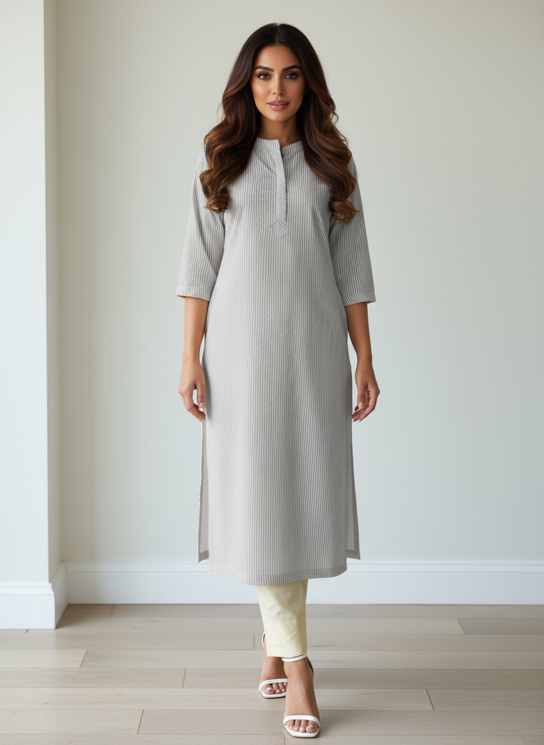 Cotton Seer Sucker Striped Straight Kurta