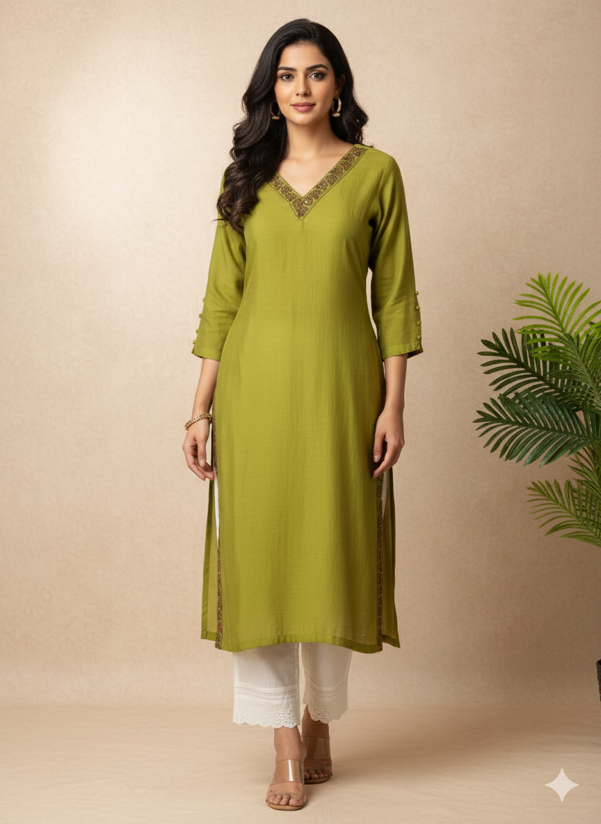 Chanderi Silk Solid Embroidered Straight Kurta