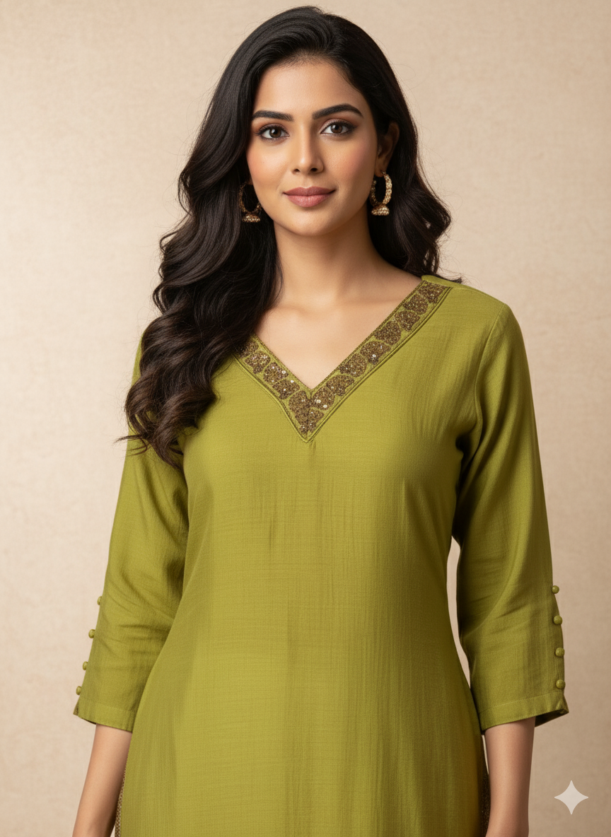 Chanderi Silk Solid Embroidered Straight Kurta