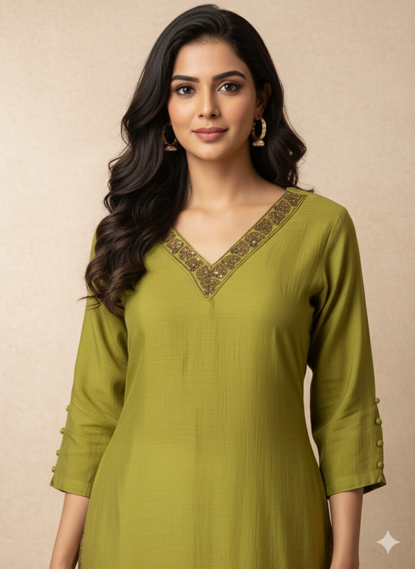 Chanderi Silk Solid Embroidered Straight Kurta