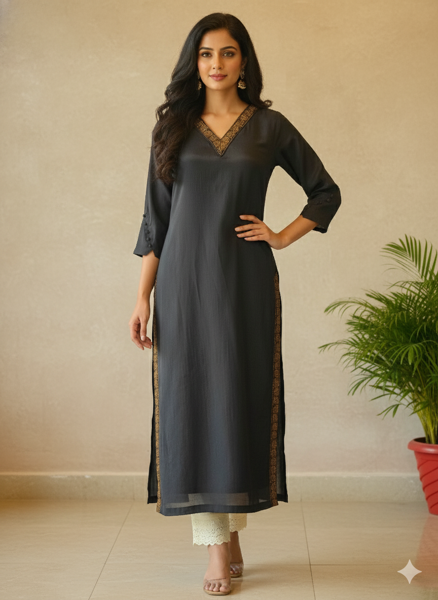Chanderi Silk Solid Embroidered Straight Kurta