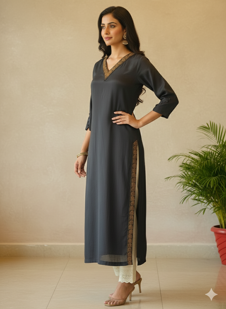 Chanderi Silk Solid Embroidered Straight Kurta