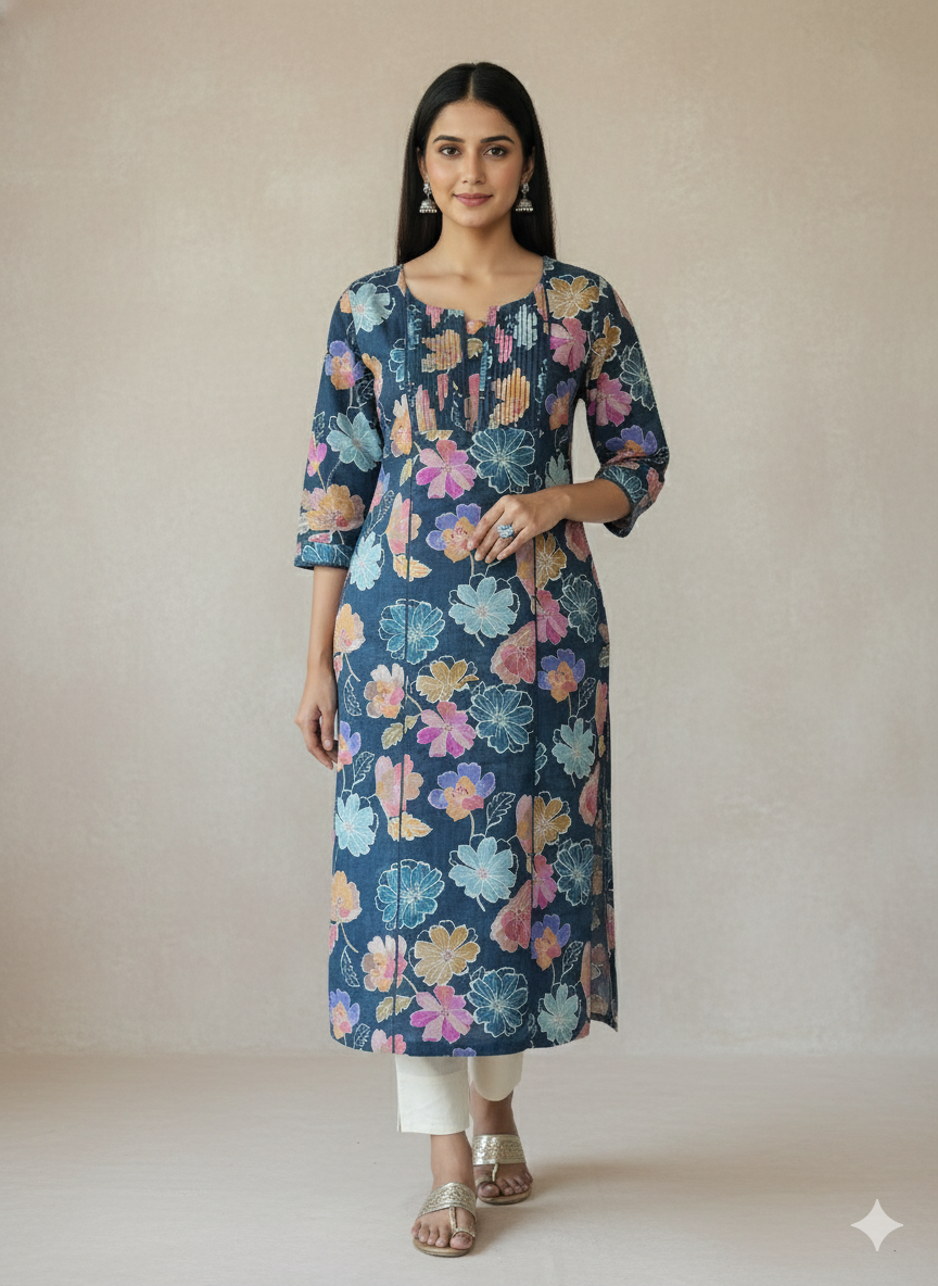 Linen Cotton Printed Straight Kurta