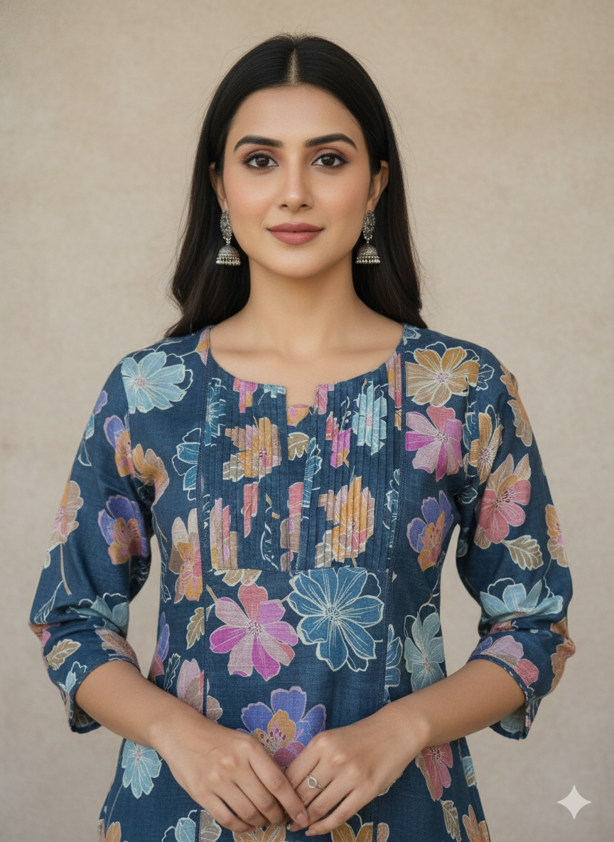 Linen Cotton Printed Straight Kurta