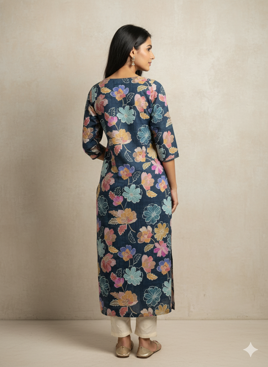 Linen Cotton Printed Straight Kurta