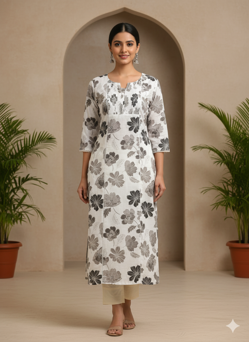 Linen Cotton Printed Straight Kurta