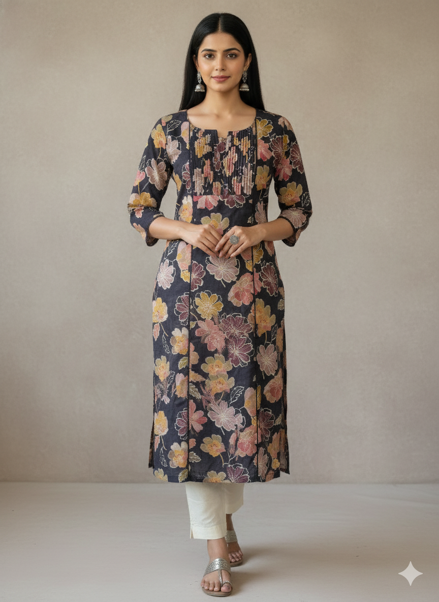 Linen Cotton Printed Straight Kurta