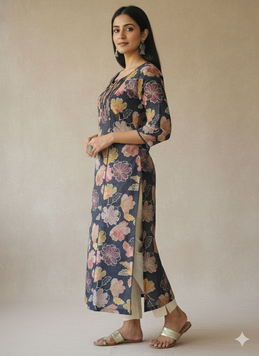 Linen Cotton Printed Straight Kurta