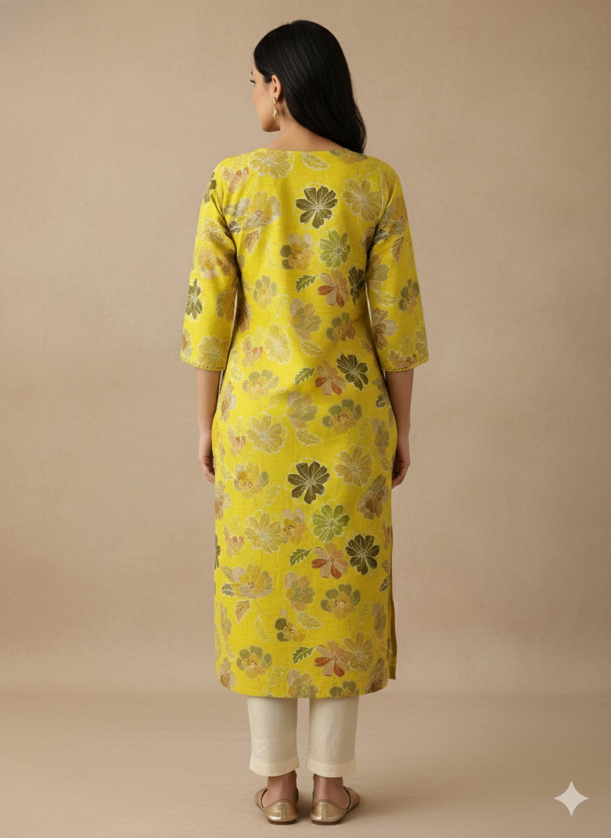 Linen Cotton Printed Straight Kurta