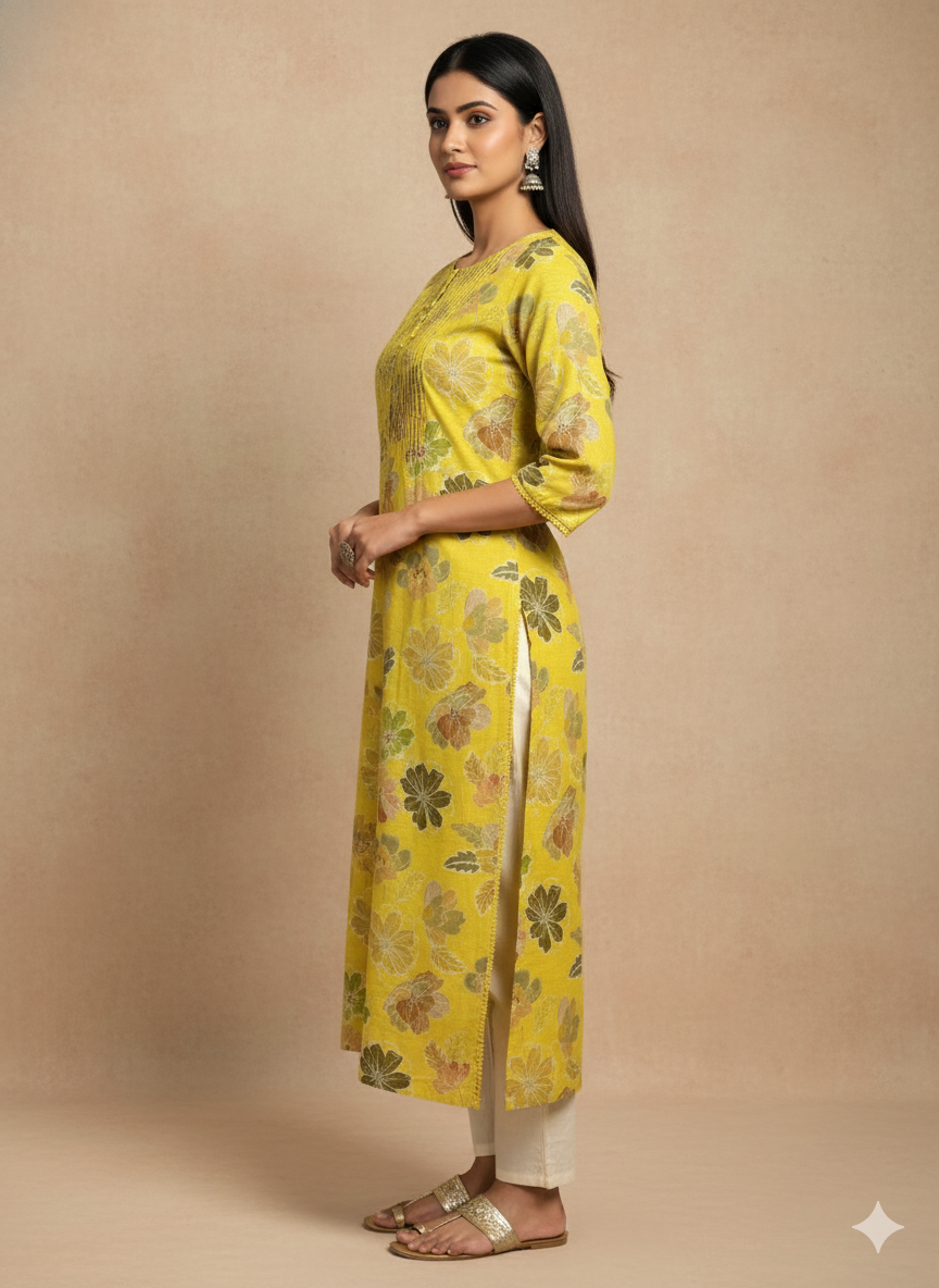 Linen Cotton Printed Straight Kurta