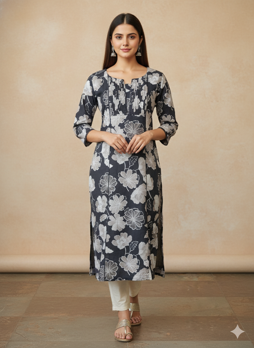 Linen Cotton Printed Straight Kurta