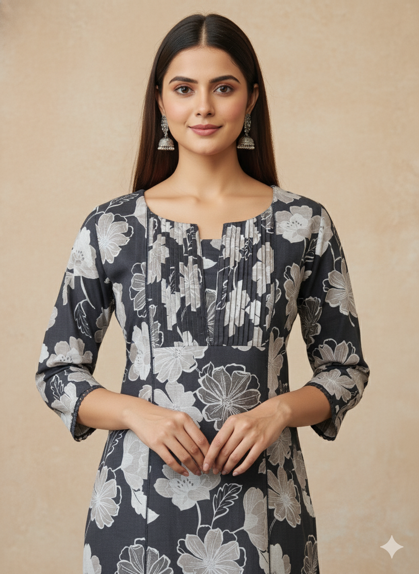 Linen Cotton Printed Straight Kurta