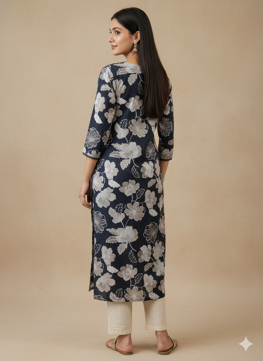 Linen Cotton Printed Straight Kurta